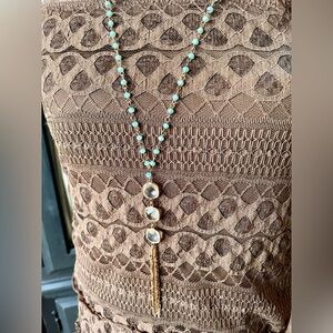 Long Turquoise Gold Small Linked Bead Necklace With Crystal Tassel Drop